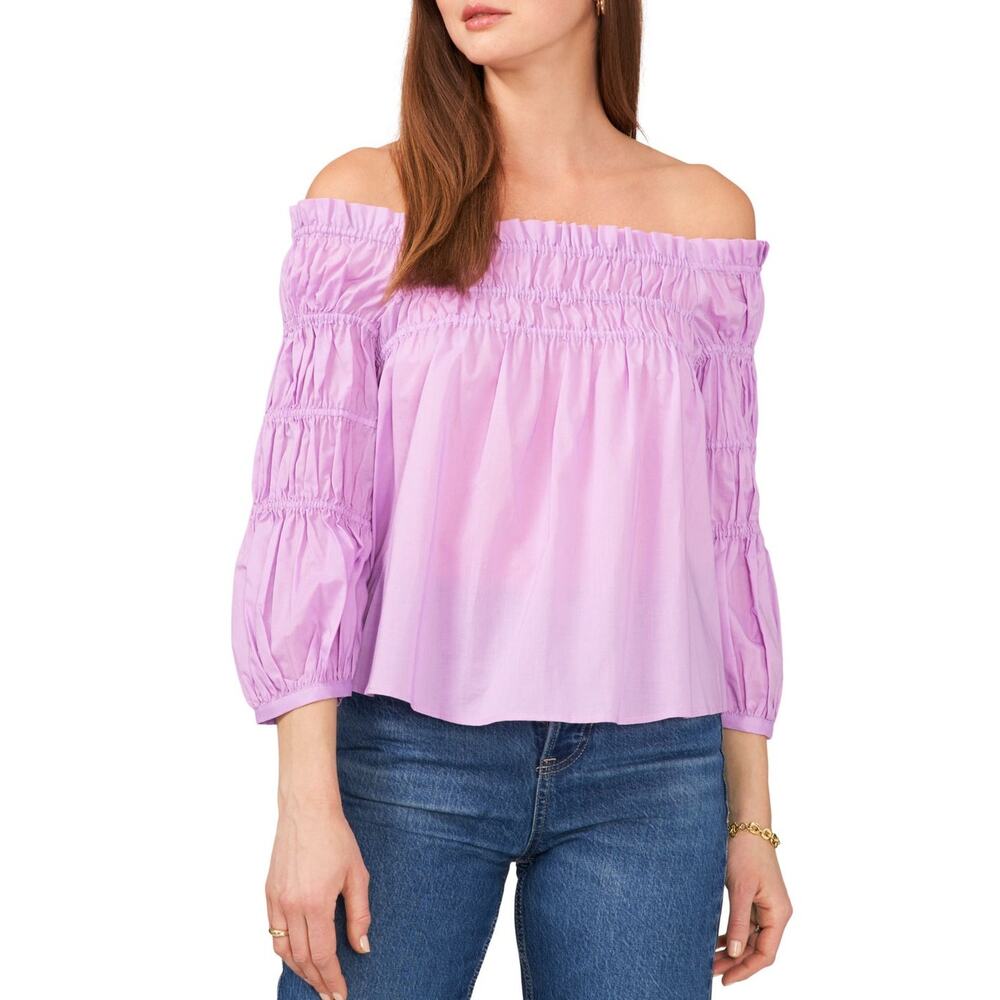 VINCE CAMUTO Womens XS Light Purple Smocked 3/4 Sleeve Cotton Off Shoulder Top